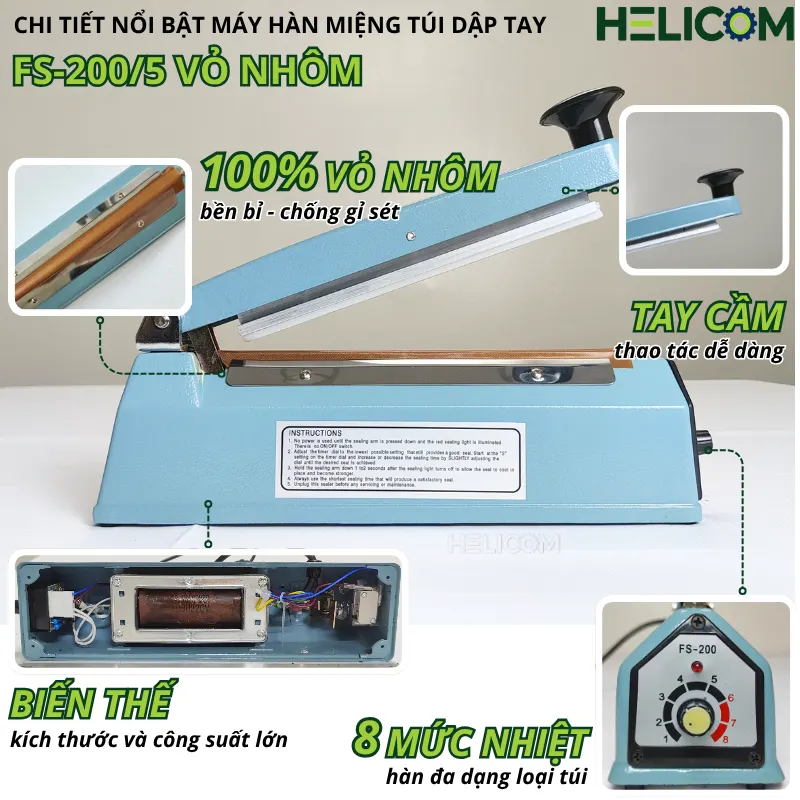Chi tiết nổi bật máy hàn miệng túi dập tay FS-200-5 vỏ nhôm Helicom