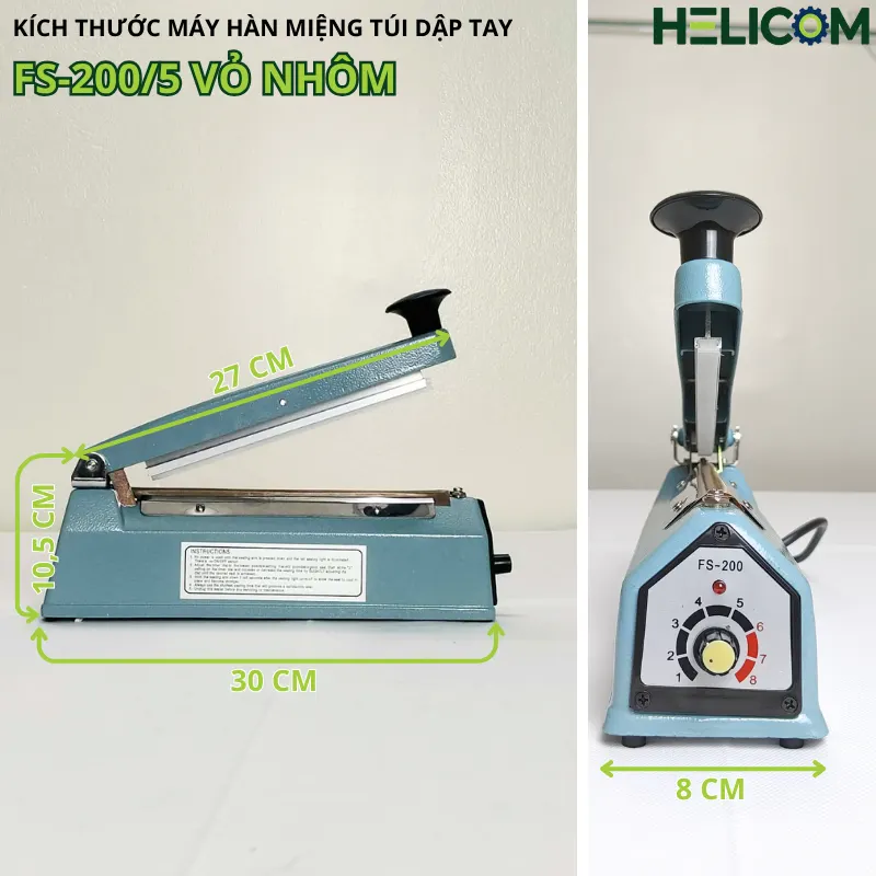 Kích thước máy hàn miệng túi dập tay FS-200-5 vỏ nhôm Helicom