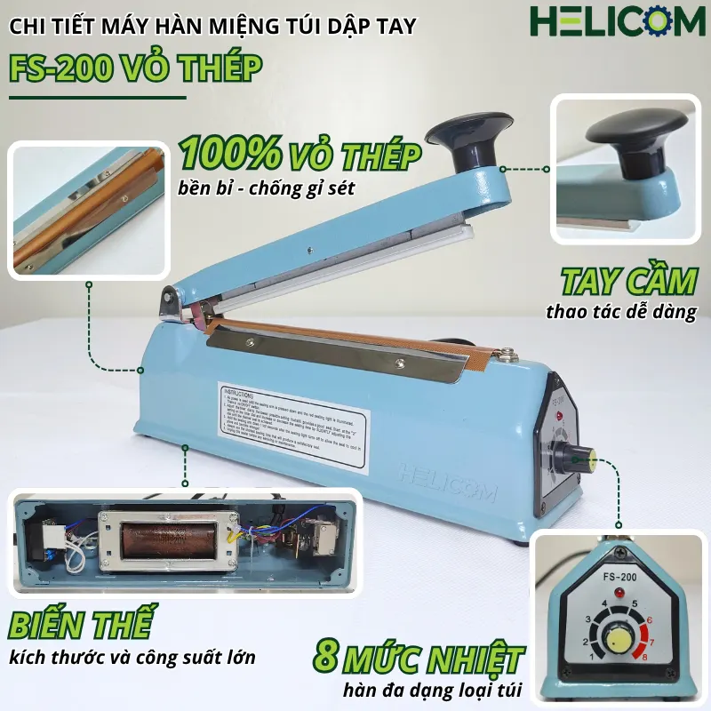 Chi Tiết Máy Hàn Miệng Túi Dập Tay FS-200 Vỏ Thép Helicom