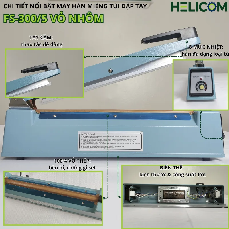 Chi tiết nổi bật máy hàn miệng túi dập tay FS-300-5 vỏ nhôm Helicom
