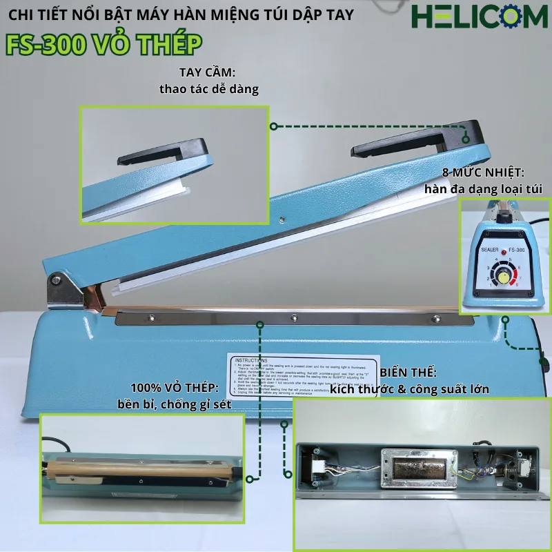 Chi tiết nổi bật máy hàn miệng túi dập tay FS-300 vỏ thép Helicom