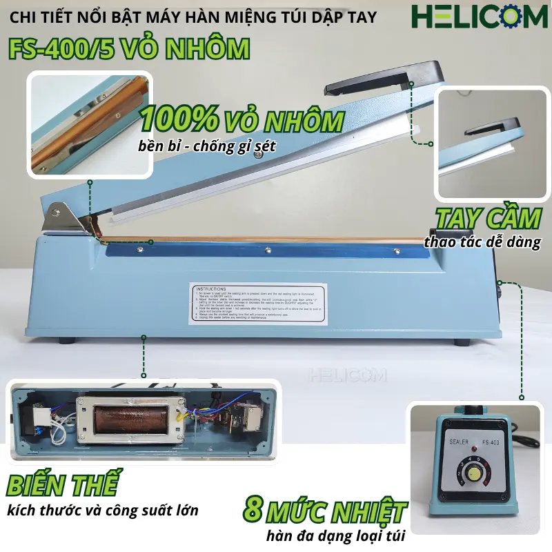 Chi tiết nổi bật máy hàn miệng túi dập tay FS-400-5 vỏ nhôm Helicom