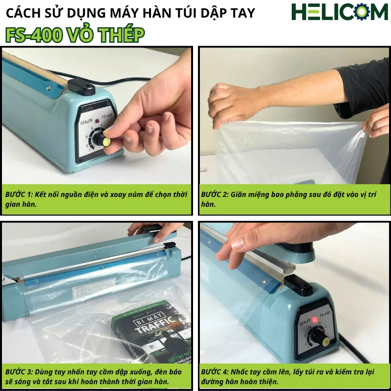 Cách Sử Dụng Máy Hàn Miệng Túi Dập Tay FS 400 Vỏ Thép Helicom