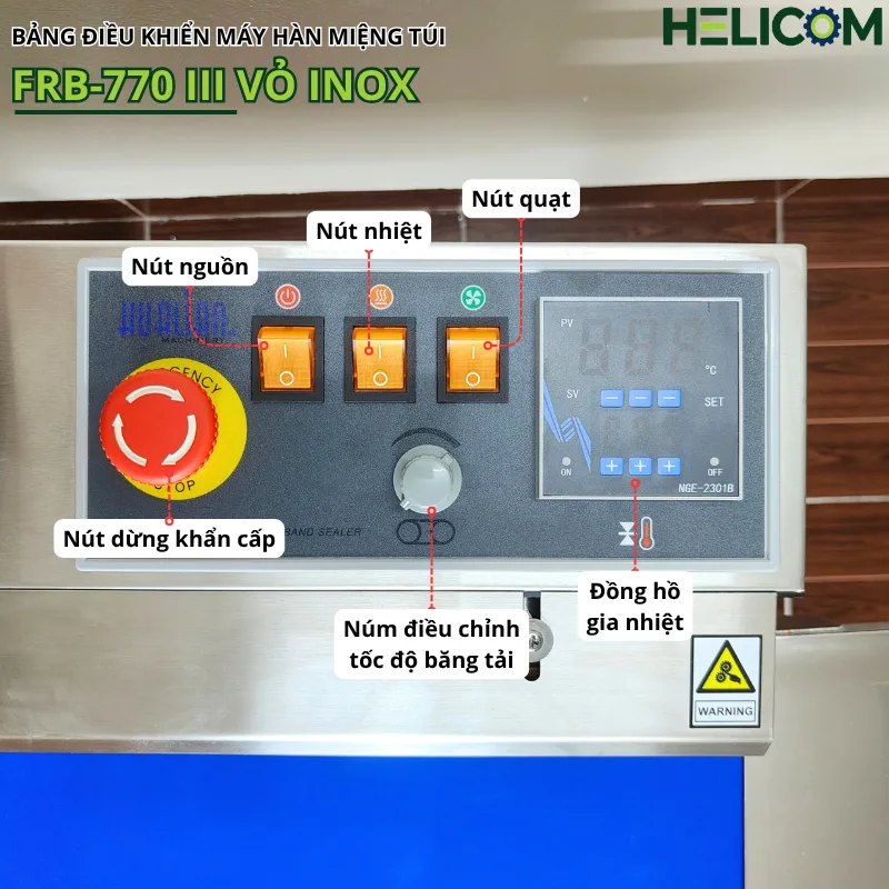Bảng Điều Khiển Máy Hàn Miệng Túi Liên Tục Có Chân Đứng FRB 770 III Vỏ Inox Helicom