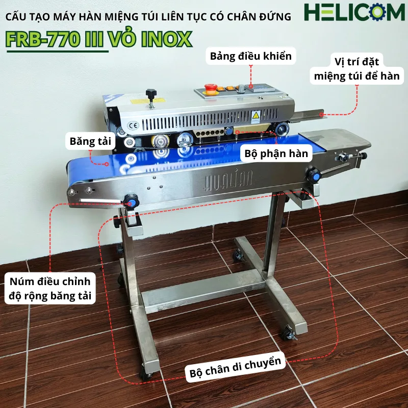 Cấu Tạo Ngoài Máy Hàn Miệng Túi Liên Tục Có Chân Đứng FRB 770 III Vỏ Inox Helicom