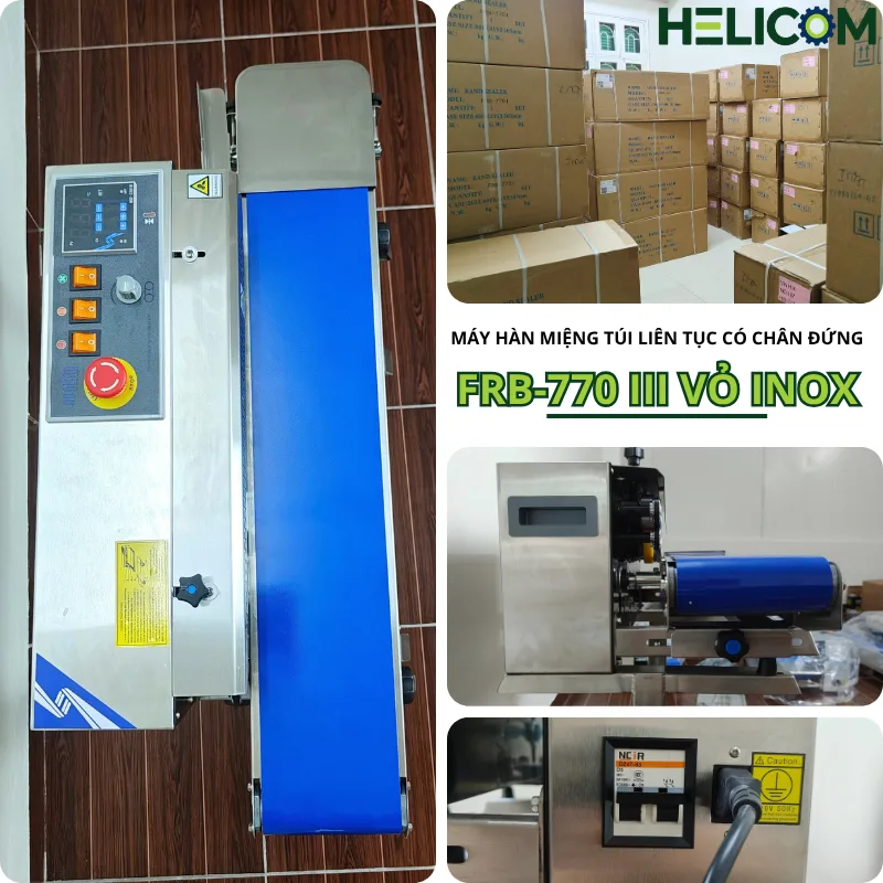 Giới Thiệu Máy Hàn Miệng Túi Liên Tục Có Chân Đứng FRB 770 III Vỏ Inox Helicom