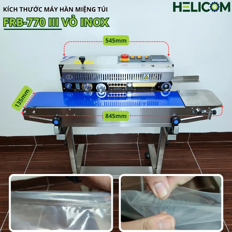 Kích Thước Máy Hàn Miệng Túi Liên Tục Có Chân Đứng FRB 770 III Vỏ Inox Helicom