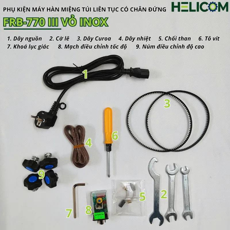 Phụ Kiện Máy Hàn Miệng Túi Liên Tục Có Chân Đứng FRB 770 III Vỏ Inox Helicom