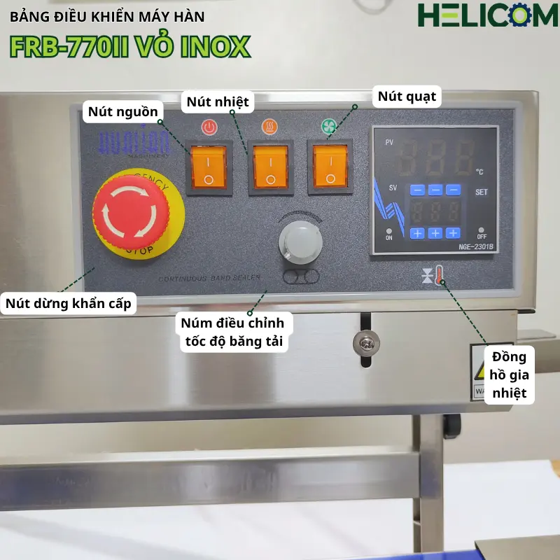 Bảng Điều Khiển Máy Hàn Miệng Túi Liên Tục Dạng Đứng FRB 770II Vỏ Inox Helicom
