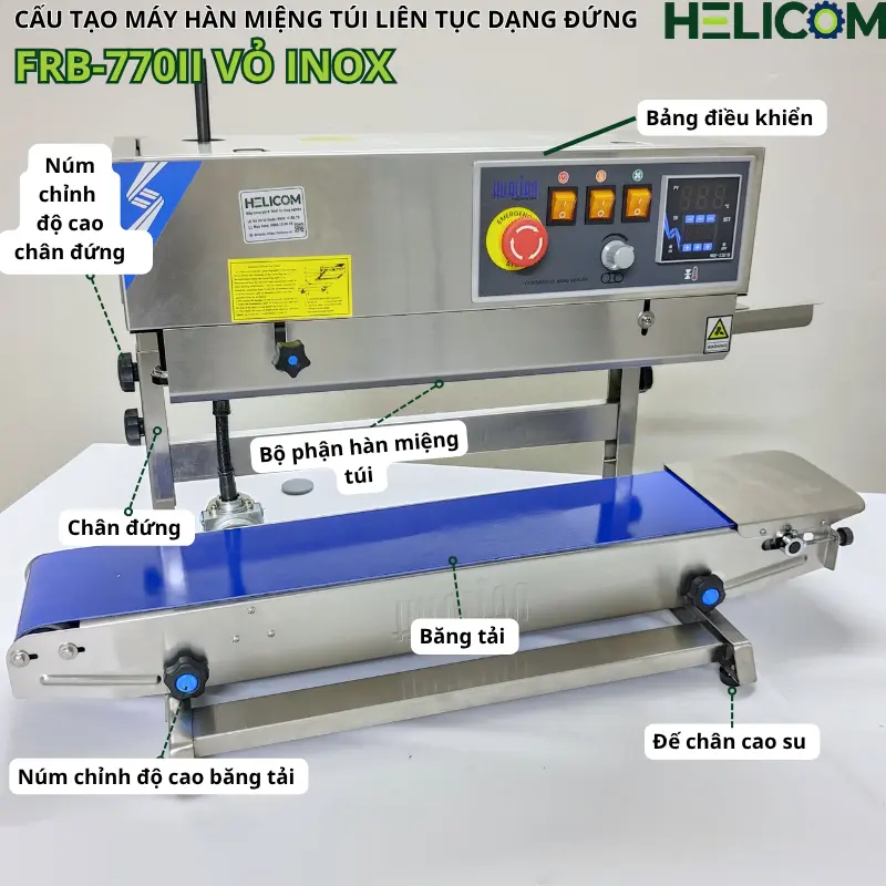 Cấu Tạo Ngoài Máy Hàn Miệng Túi Liên Tục Dạng Đứng FRB 770II Vỏ Inox Helicom