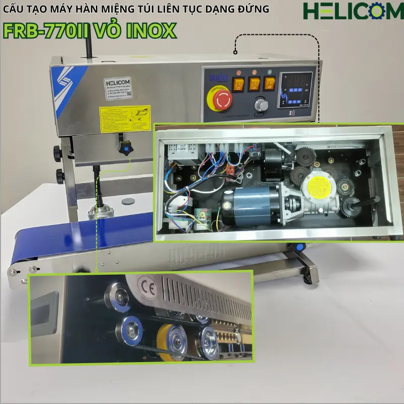 Cấu Tạo Trong Máy Hàn Miệng Túi Liên Tục Dạng Đứng FRB 770II Vỏ Inox Helicom