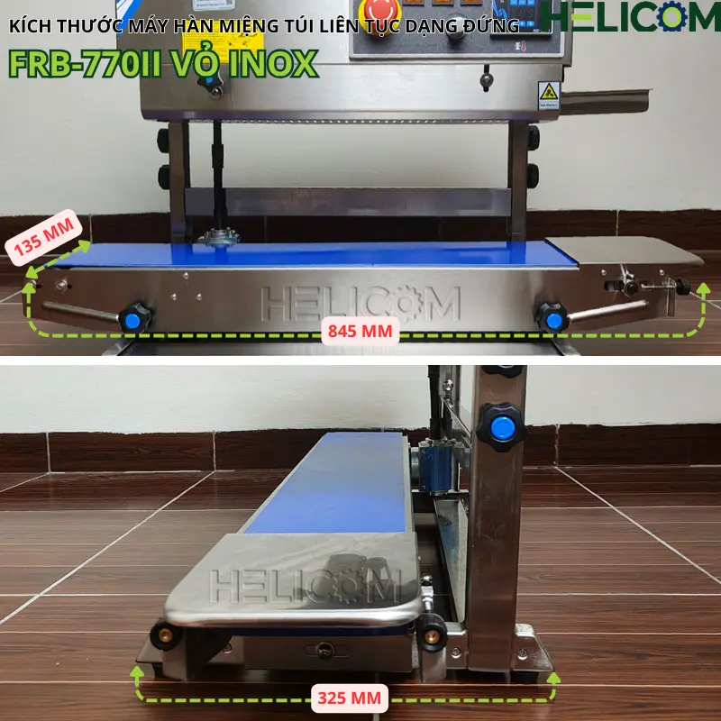 Kích Thước Máy Hàn Miệng Túi Liên Tục Dạng Đứng FRB 770II Vỏ Inox Helicom