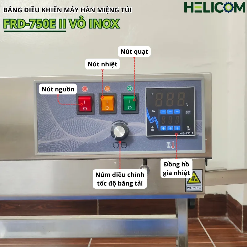 Bảng Điều Khiển Máy Hàn Miệng Túi Liên Tục Dạng Đứng FRD-750E II Vỏ Inox Helicom