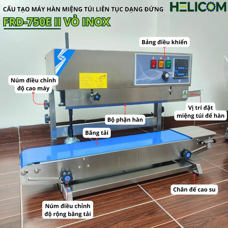 Cấu Tạo Ngoài Máy Hàn Miệng Túi Liên Tục Dạng Đứng FRD-750E II Vỏ Inox Helicom