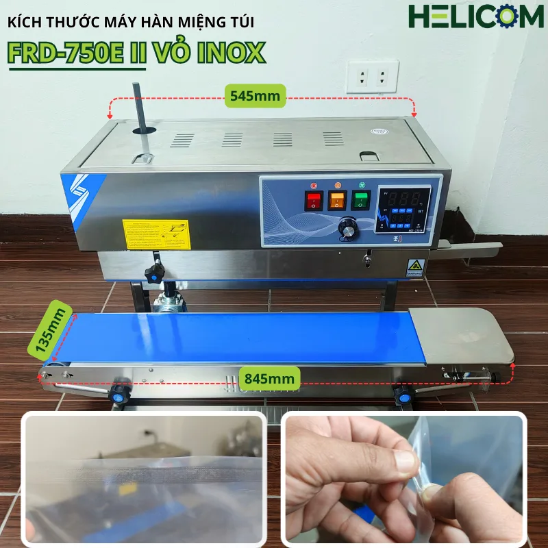 Kích Thước Máy Hàn Miệng Túi Liên Tục Dạng Đứng FRD-750E II Vỏ Inox Helicom