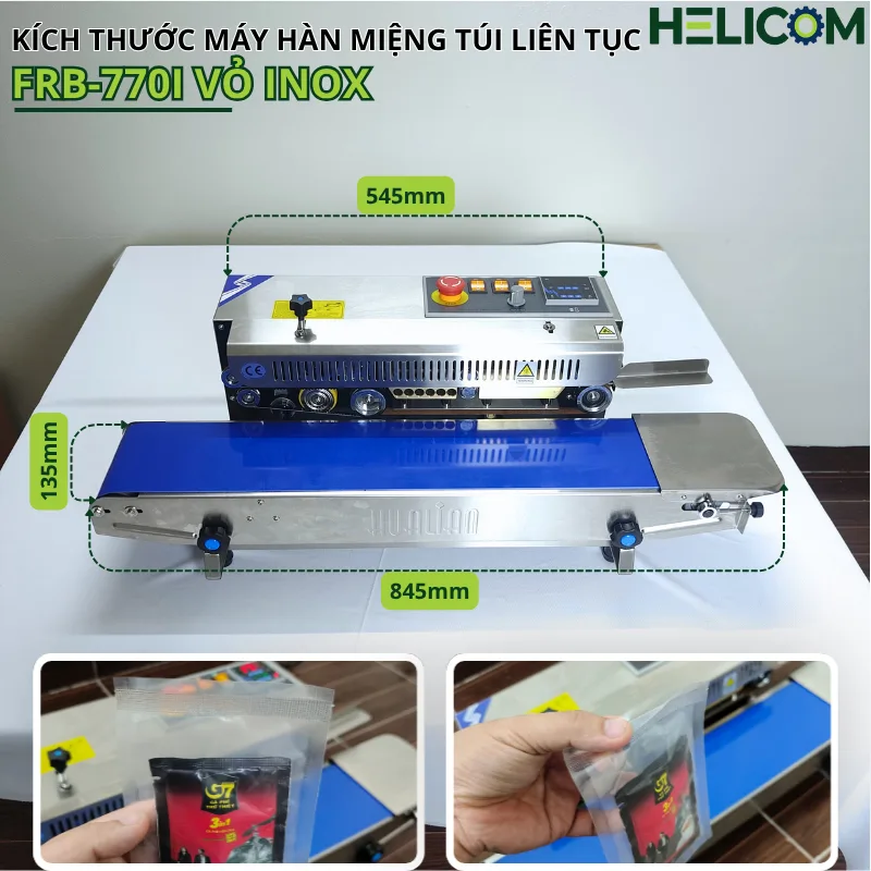 Kích Thước Máy Hàn Miệng Túi Liên Tục FRB 770I Vỏ Inox
