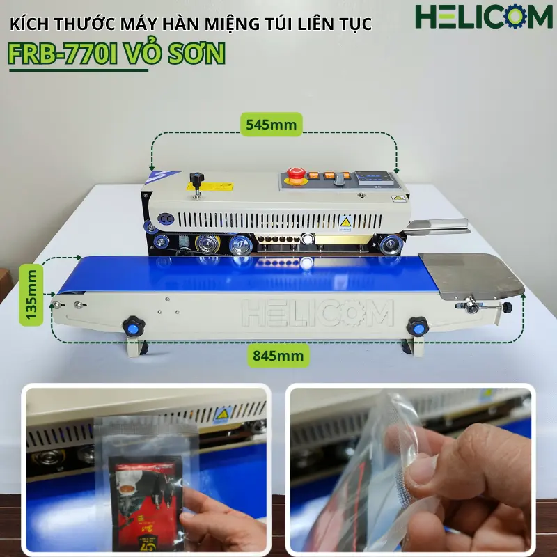 Kích Thước Máy Hàn Miệng Túi Liên Tục FRB 770I Vỏ Sơn Helicom