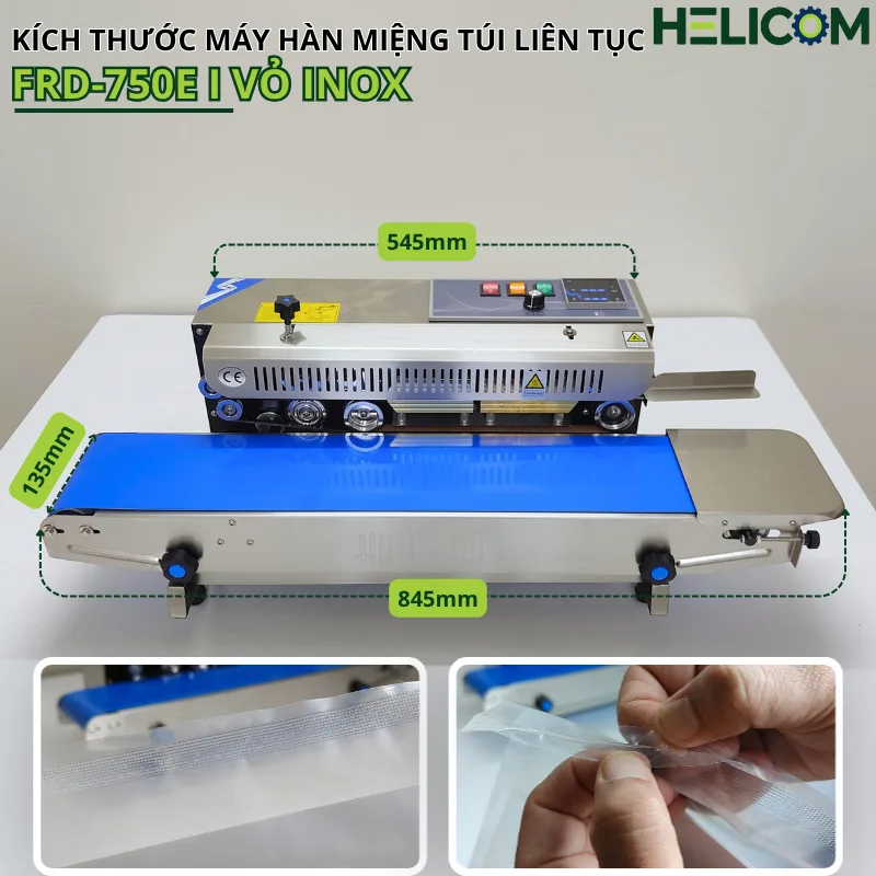 Kích Thước Máy Hàn Miệng Túi Liên Tục FRD-750E I Vỏ Inox Helicom