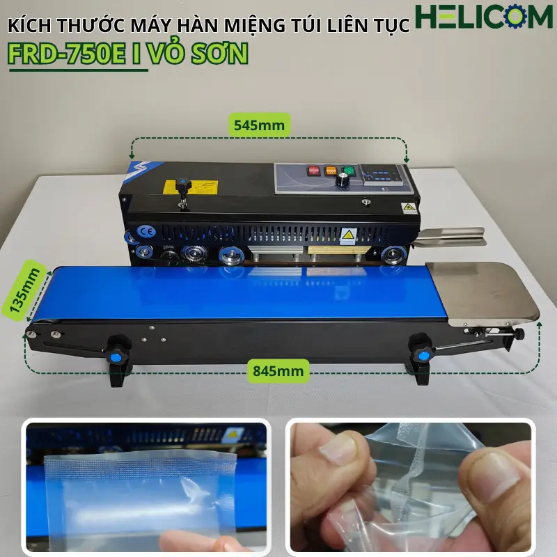 Kích Thước Máy Hàn Miệng Túi Liên Tục FRD-750E I Vỏ Sơn Helicom